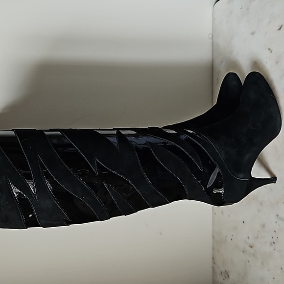 CAVALLI: black soft suede and patent leather knee high boots - Picture 3 of 9